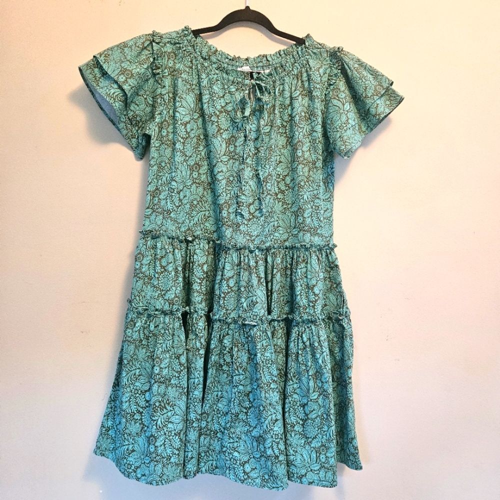 Sundance Dress Women XS Green Floral Liora Tiered Ruffle Popover Boho Full Skirt